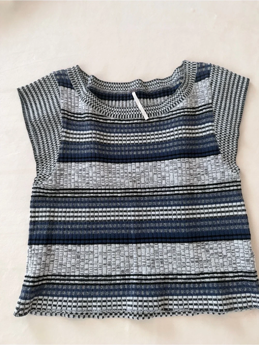 Free People Striped Textured Knit Sweater Top Gray Blue Cap Sleeve Boho
